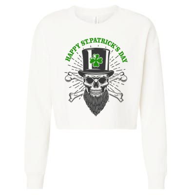 Happy St Patricks Day Irish Clover Skull Beard Cropped Pullover Crew