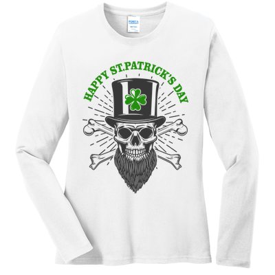 Happy St Patricks Day Irish Clover Skull Beard Ladies Long Sleeve Shirt