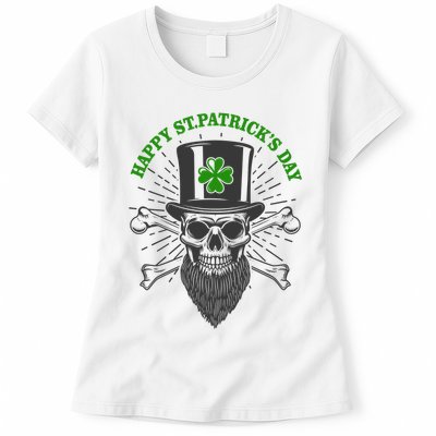 Happy St Patricks Day Irish Clover Skull Beard Womens T-Shirt