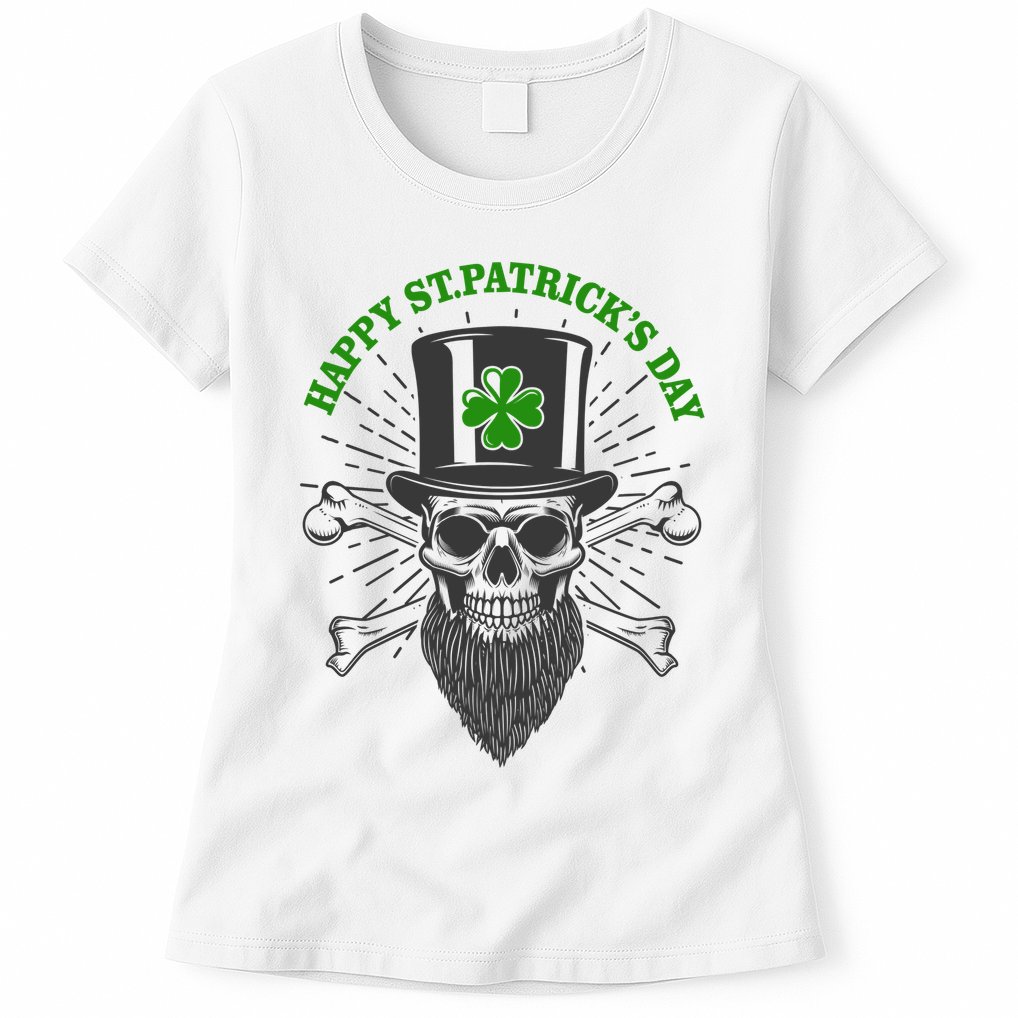 Happy St Patricks Day Irish Clover Skull Beard Womens T-Shirt