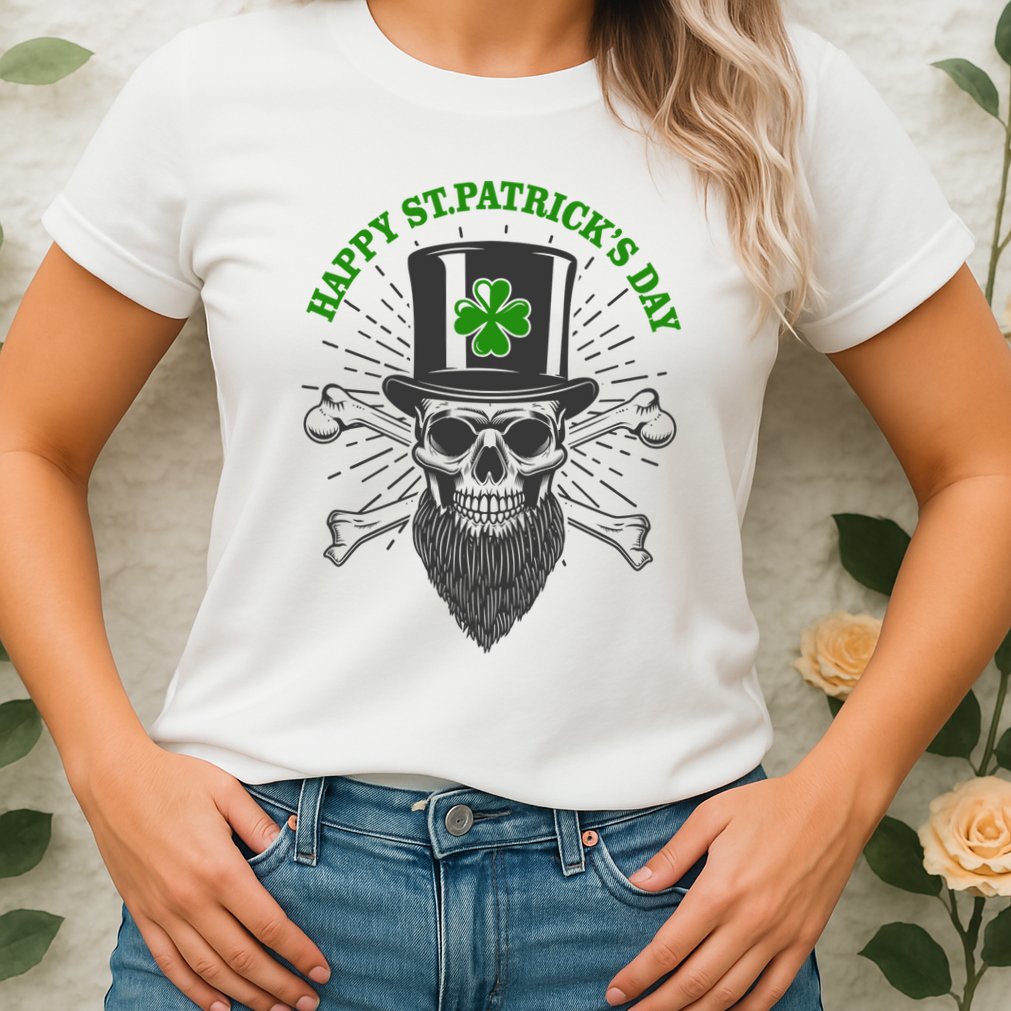 Happy St Patricks Day Irish Clover Skull Beard Womens T-Shirt