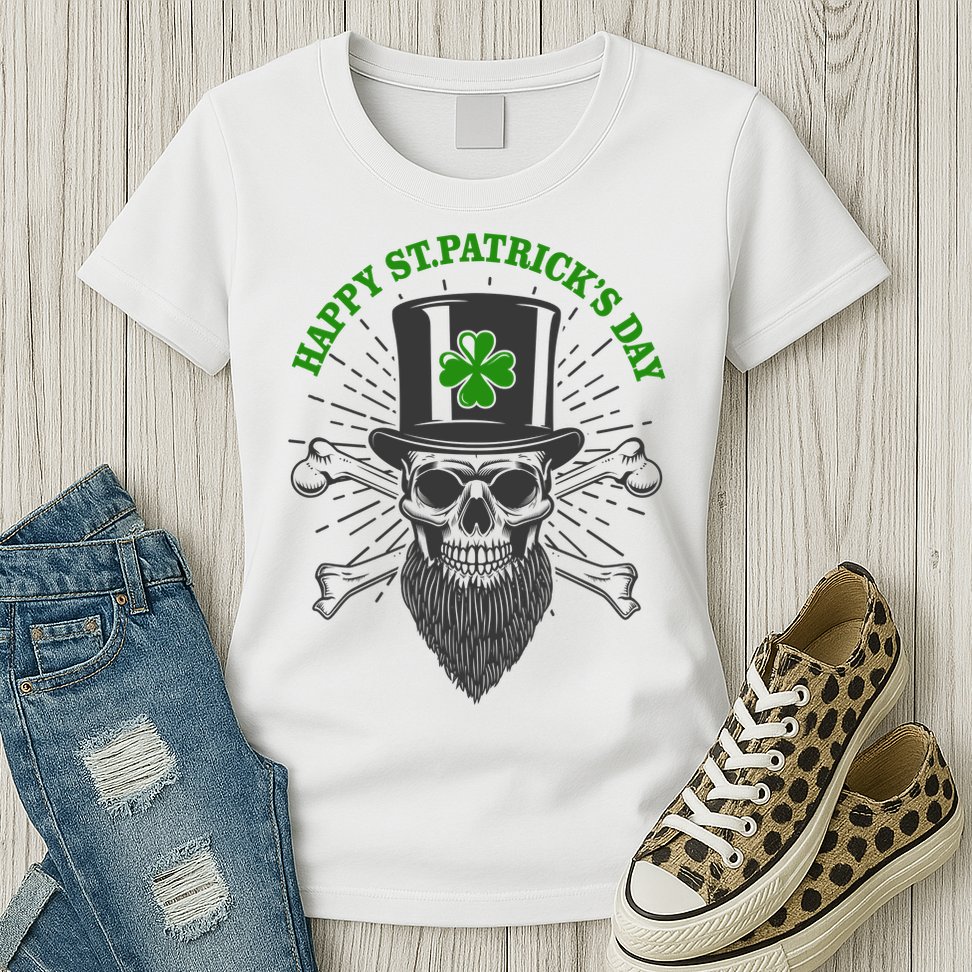 Happy St Patricks Day Irish Clover Skull Beard Womens T-Shirt