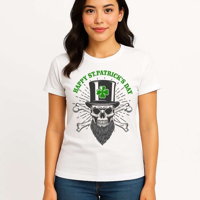 Happy St Patricks Day Irish Clover Skull Beard Womens T-Shirt