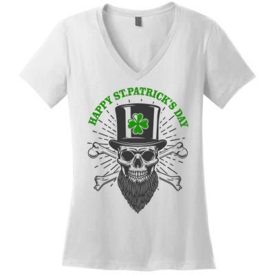 Happy St Patricks Day Irish Clover Skull Beard Women's V-Neck T-Shirt