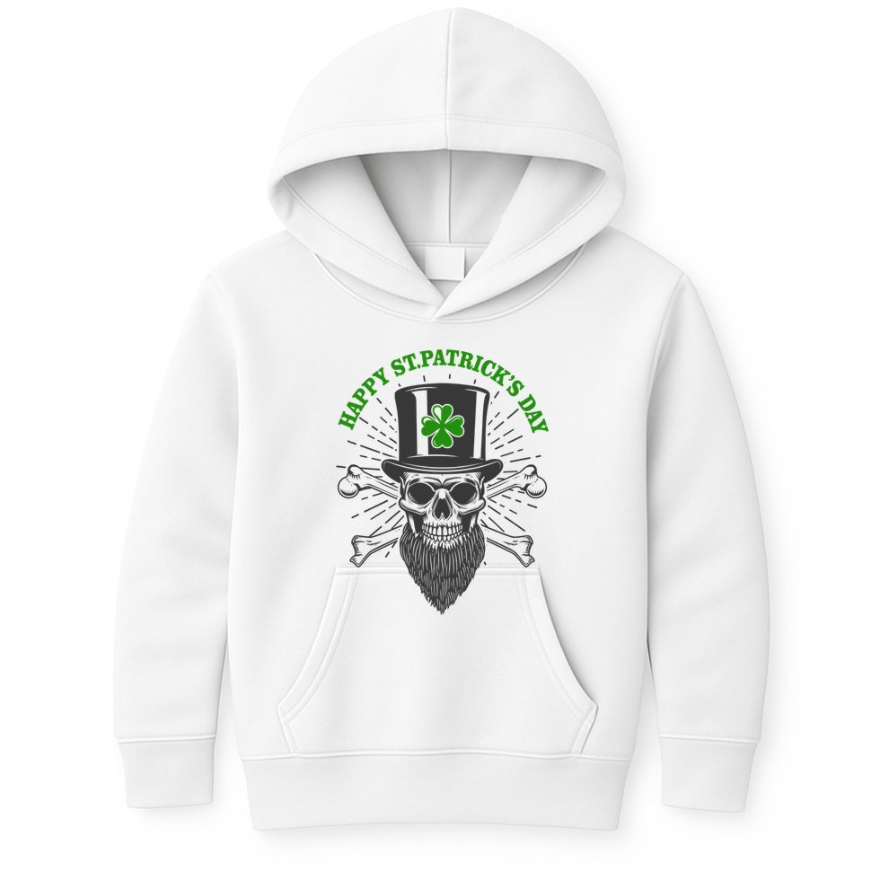 Happy St Patricks Day Irish Clover Skull Beard Kids Hoodie