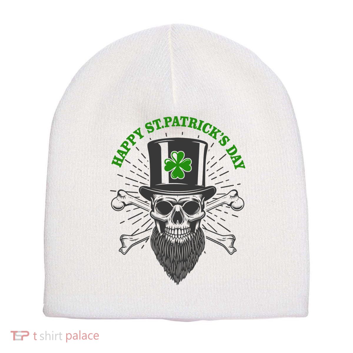 Happy St Patricks Day Irish Clover Skull Beard Short Acrylic Beanie