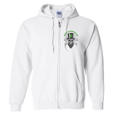 Happy St Patricks Day Irish Clover Skull Beard Full Zip Hoodie