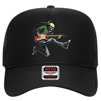 Halloween Skeleton Playing Guitar Rock And Roll Band High Crown Mesh Back Trucker Hat