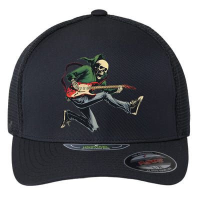 Halloween Skeleton Playing Guitar Rock And Roll Band Flexfit Unipanel Trucker Cap