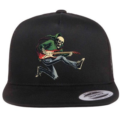 Halloween Skeleton Playing Guitar Rock And Roll Band Flat Bill Trucker Hat