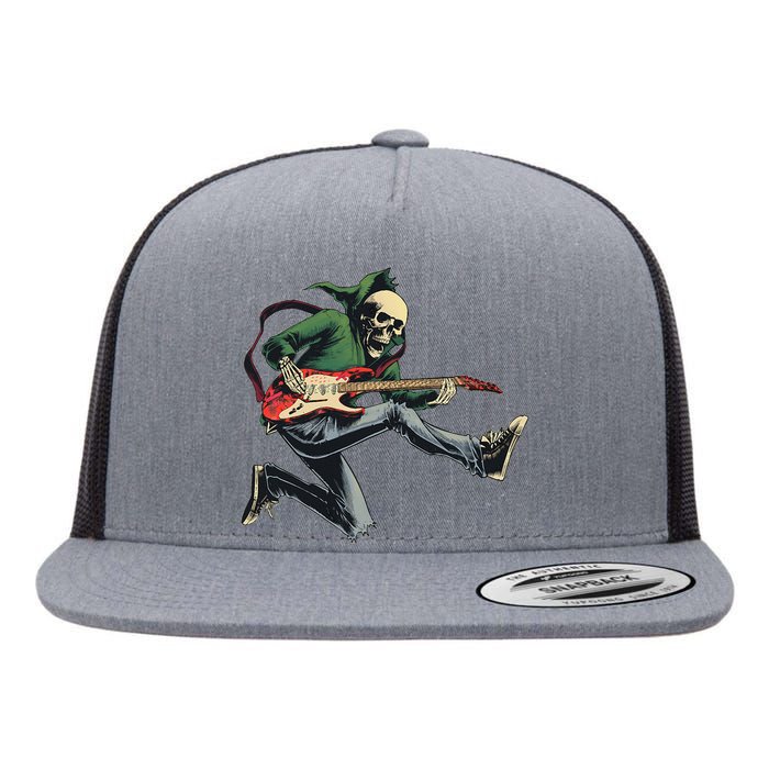 Halloween Skeleton Playing Guitar Rock And Roll Band Flat Bill Trucker Hat