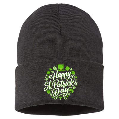 Happy St Patricks day with shamrocks for irish party Sustainable Knit Beanie