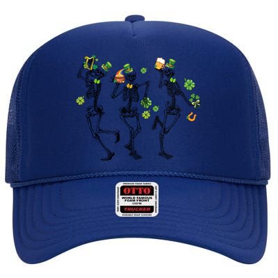 Happy St Patrick Day Dancing Skeleton Leprechauns Funny Great Gift High Crown Mesh Back Trucker Hat