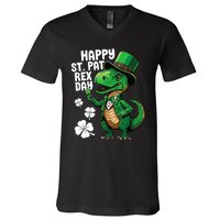 Happy St Pat T-Rex St Patricks Day Dinosaur Leprechaun Funny V-Neck T-Shirt