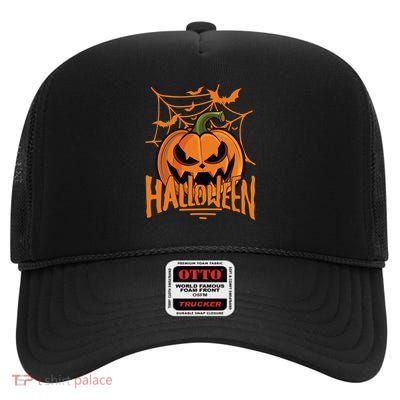 Halloween Spooky Pumpkin High Crown Mesh Back Trucker Hat