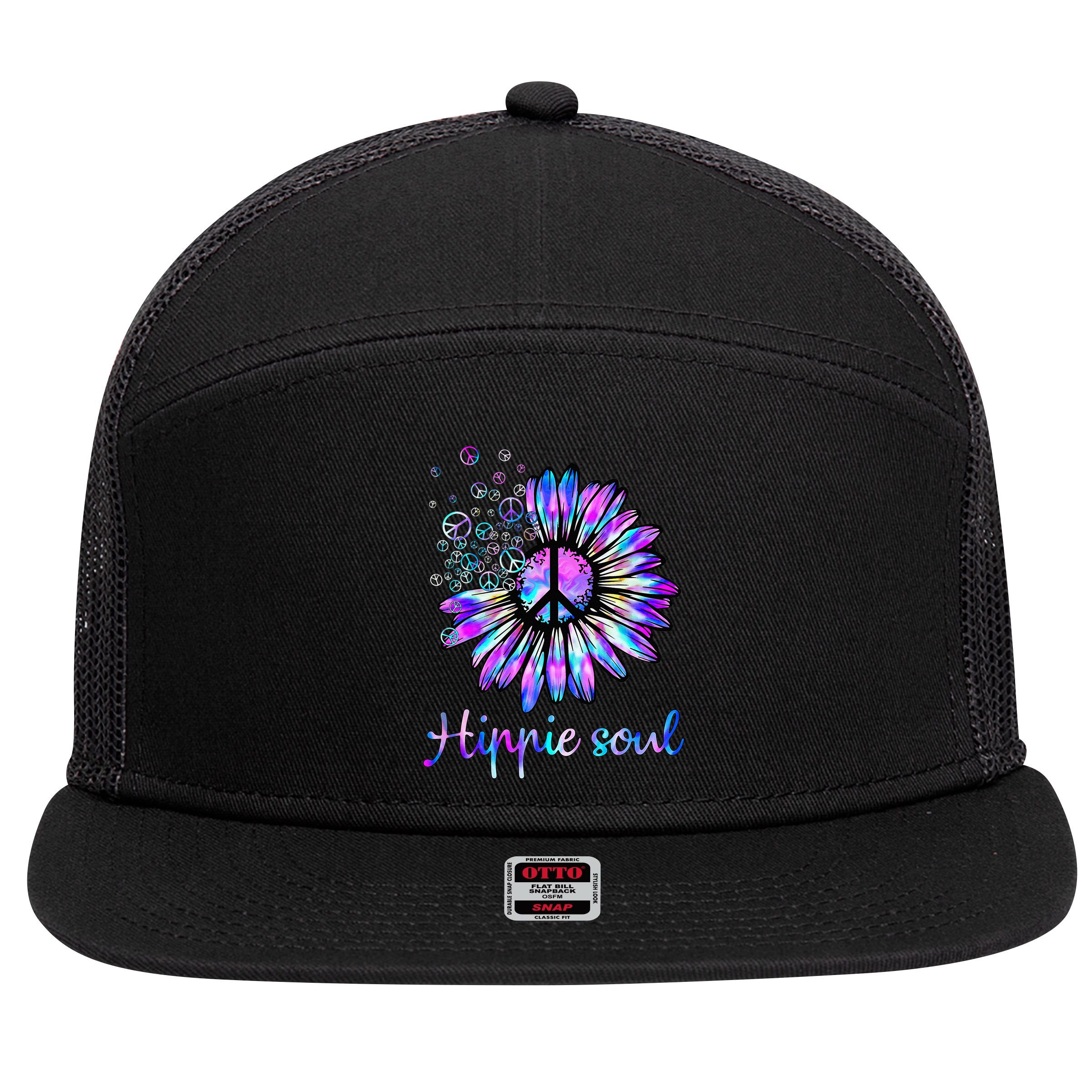 Hippie Soul Psychedelic Daisy Peace Sign 7 Panel Mesh Trucker Snapback Hat