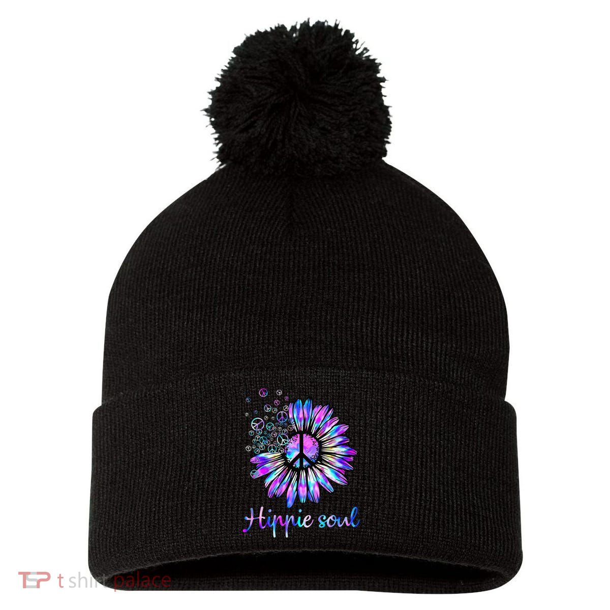 Hippie Soul Psychedelic Daisy Peace Sign Pom Pom 12in Knit Beanie