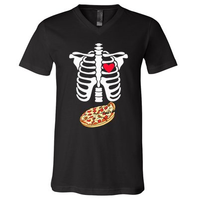 Halloween Skeleton Pregnancy Pizza Xray Dad To Be V-Neck T-Shirt