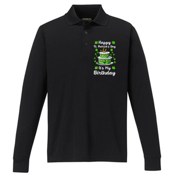 Happy St Patricks Day And My Birthday Cake Shamrock Irish Premium Performance Long Sleeve Polo