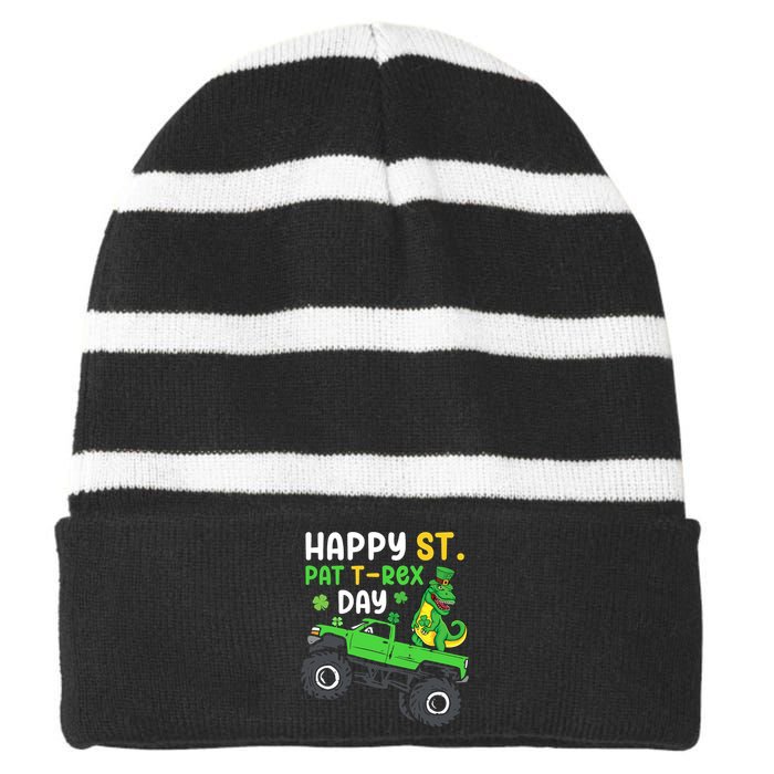 Happy St Pat T Rex Day Boy St Patrick's Day T Rex Striped Beanie with Solid Band