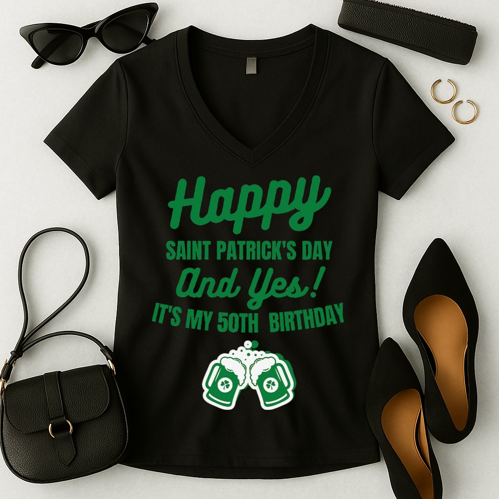 Happy Saint Patrick's Day, Funny 50th Birthday Party Gift Women's V-Neck T-Shirt