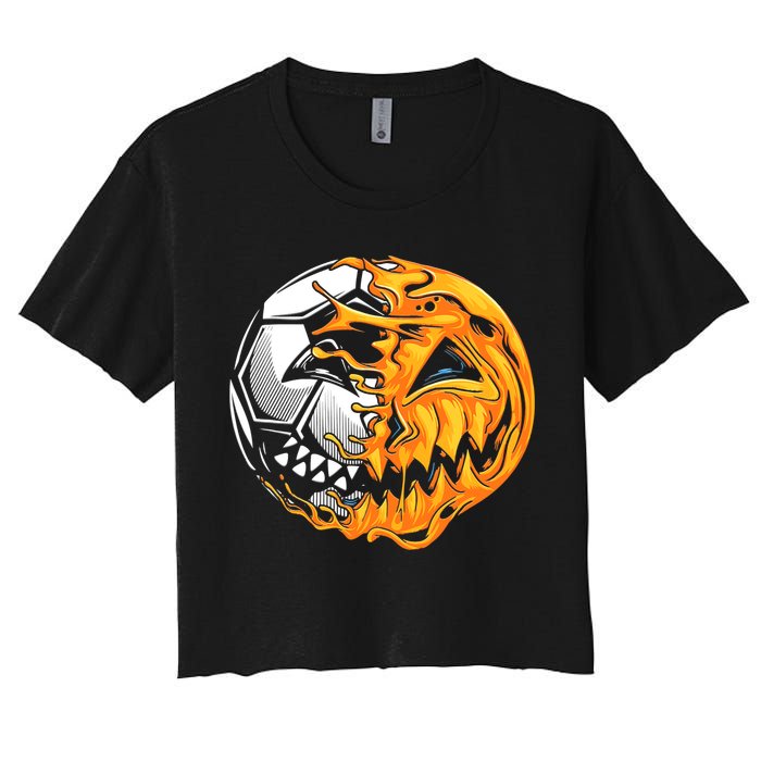 Halloween Soccer Player Pumpkin Skeleton Women's Crop Top Tee