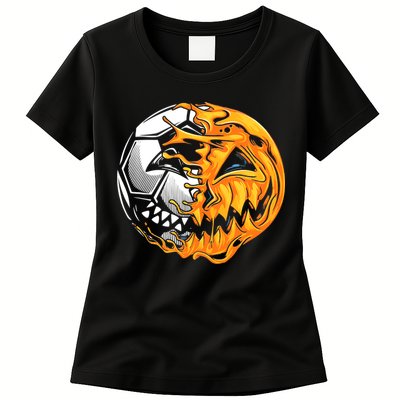 Halloween Soccer Player Pumpkin Skeleton Womens T-Shirt