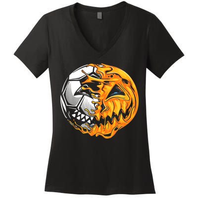 Halloween Soccer Player Pumpkin Skeleton Women's V-Neck T-Shirt