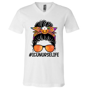 Halloween Scary Pumpkin Icu Nurse Life Messy Bun Nurse Cool Gift V-Neck T-Shirt