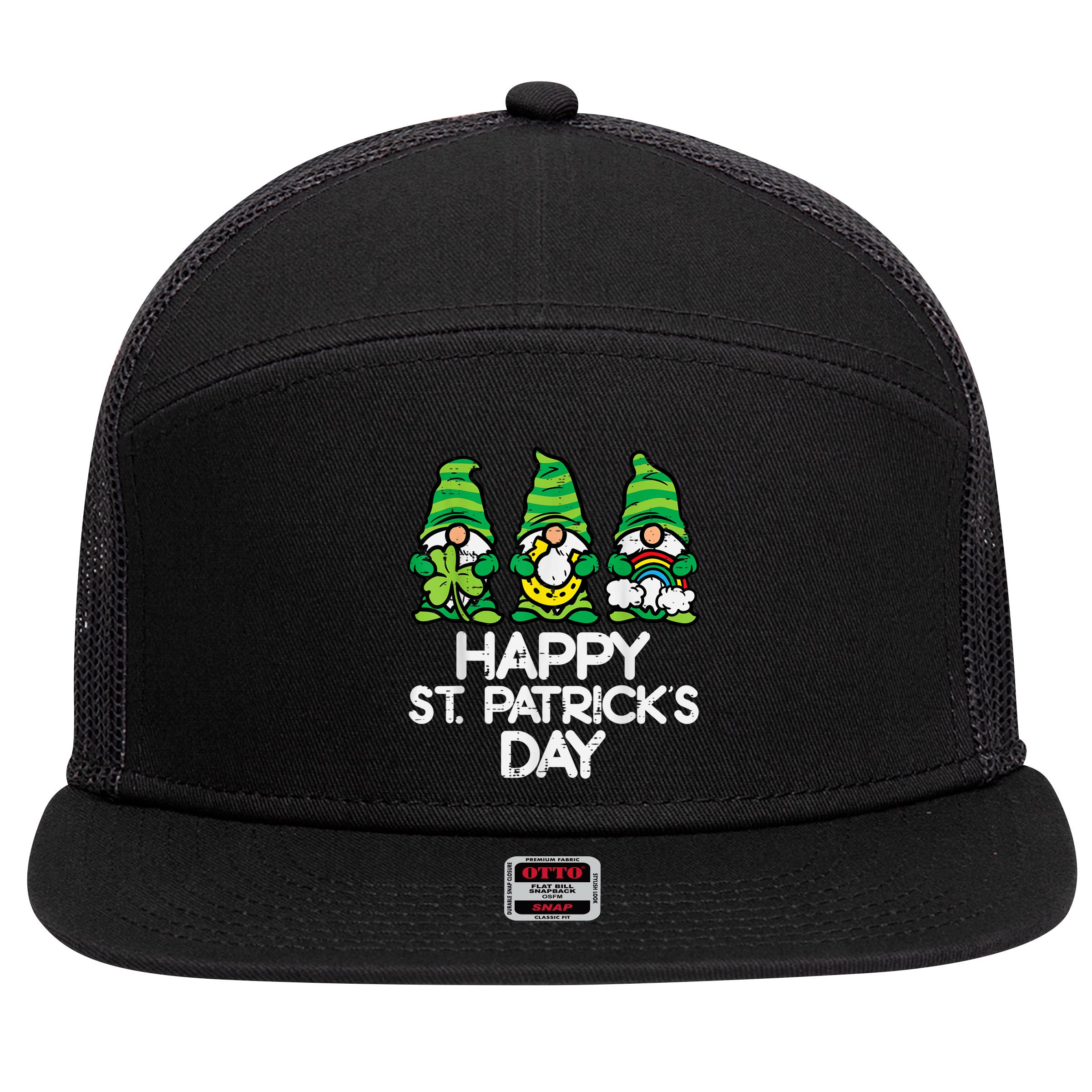 Happy St Patricks Day, St Paddys Day, Funny St Pattys Day Gnomes 7 Panel Mesh Trucker Snapback Hat