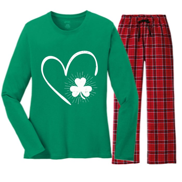 Happy St Patrick's Day Irish Shamrock Heart Family Lucky Day Women's Long Sleeve Flannel Pajama Set 