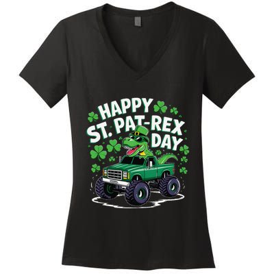 Happy St Patrex Patricks Day Dinosaur Monster Truck Women's V-Neck T-Shirt