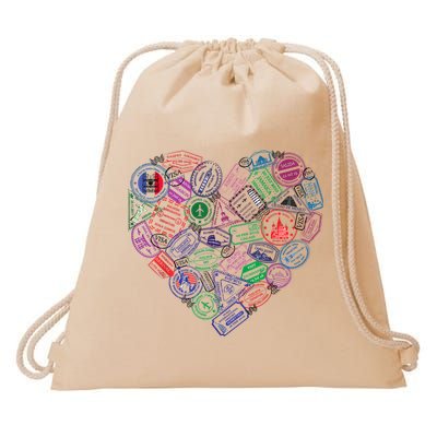 Heart Shaped Passport Travel Stamp Drawstring Bag