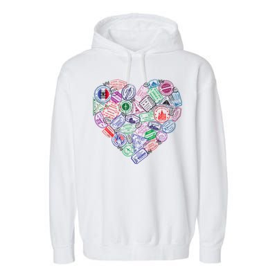 Heart Shaped Passport Travel Stamp Garment-Dyed Fleece Hoodie