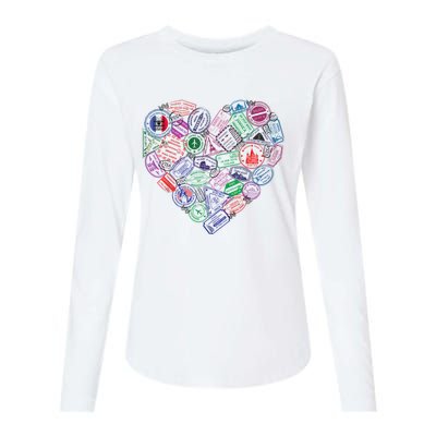 Heart Shaped Passport Travel Stamp Womens Cotton Relaxed Long Sleeve T-Shirt