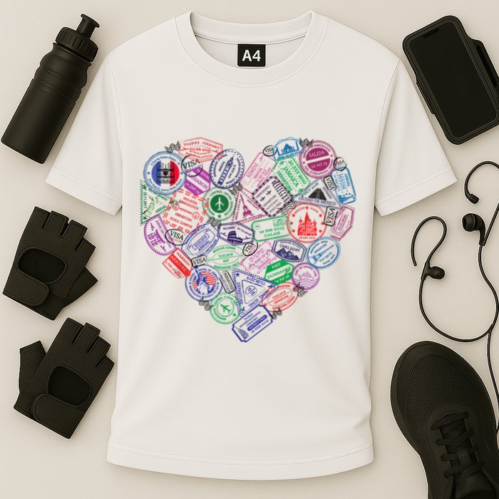 Heart Shaped Passport Travel Stamp Cooling Performance Crew T-Shirt