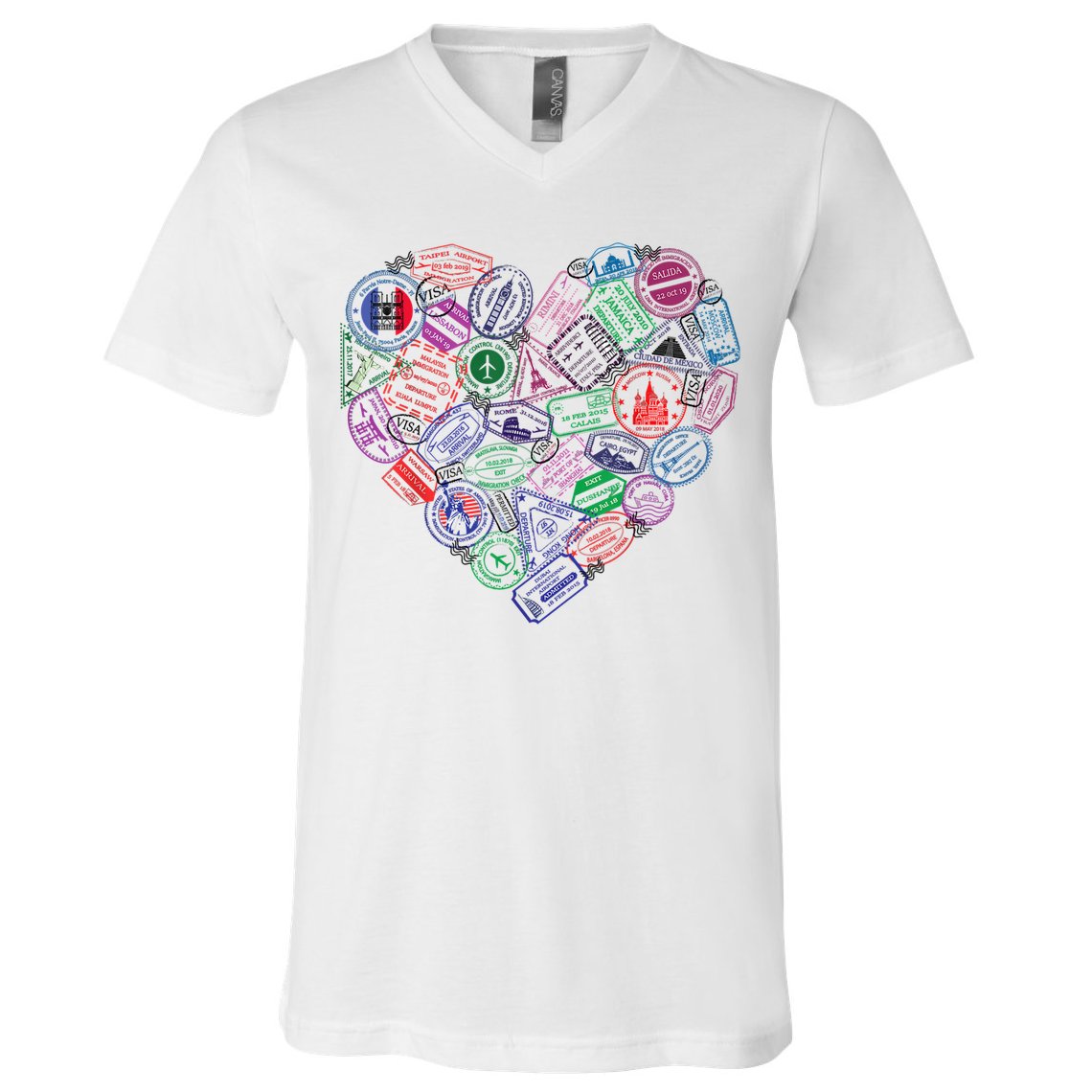 Heart Shaped Passport Travel Stamp V-Neck T-Shirt
