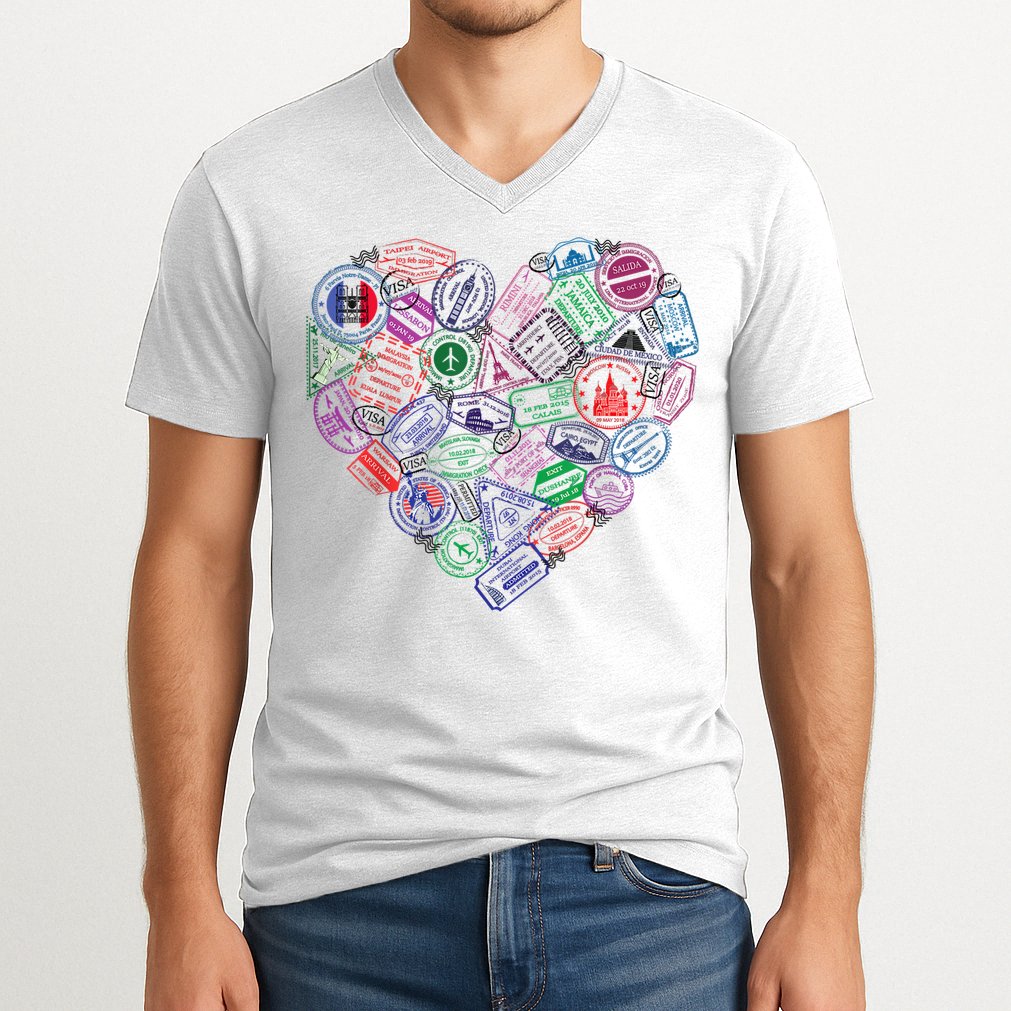 Heart Shaped Passport Travel Stamp V-Neck T-Shirt