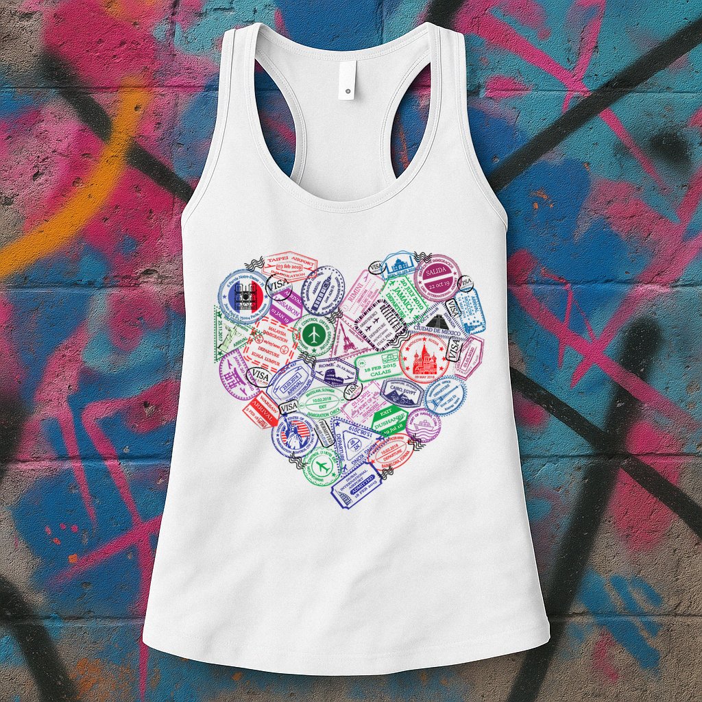 Heart Shaped Passport Travel Stamp Womens Tank Top