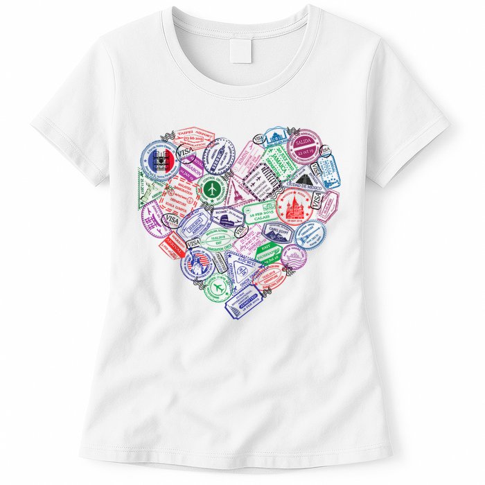 Heart Shaped Passport Travel Stamp Womens T-Shirt