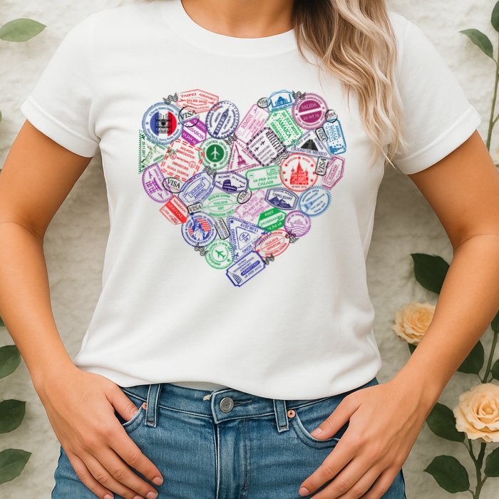 Heart Shaped Passport Travel Stamp Womens T-Shirt