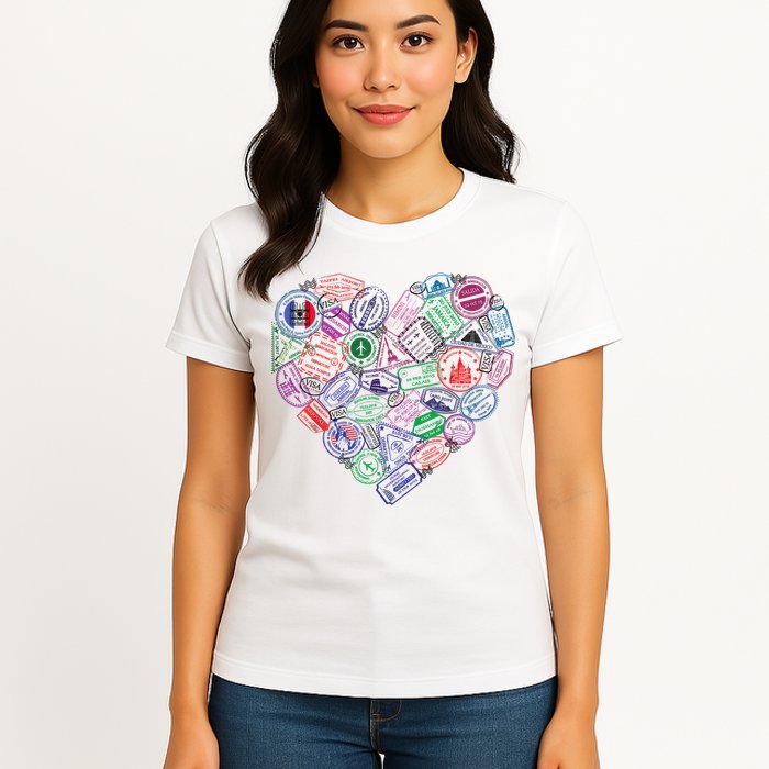 Heart Shaped Passport Travel Stamp Womens T-Shirt