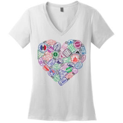 Heart Shaped Passport Travel Stamp Women's V-Neck T-Shirt
