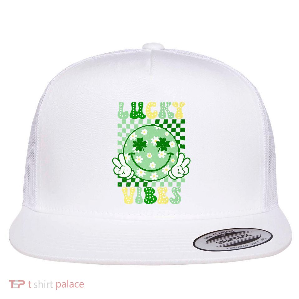 Happy St PatrickS Day Lucky Vibes Shamrock Smile Face Irish Flat Bill Trucker Hat