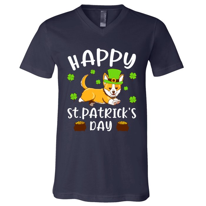 Happy St Patricks Day Funy Saint Patricks Corgi Dog Gift V-Neck T-Shirt