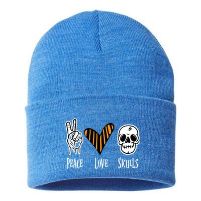 Halloween Skull Peace Love Skeleton Gift Sustainable Knit Beanie