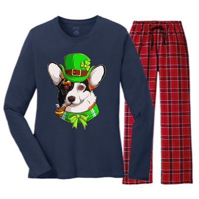 Happy St Patrick's Day Funy Saint Patricks Corgi Dog Gifts Women's Long Sleeve Flannel Pajama Set 