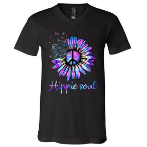 Hippie Soul Psychedelic Daisy Peace Sign V-Neck T-Shirt