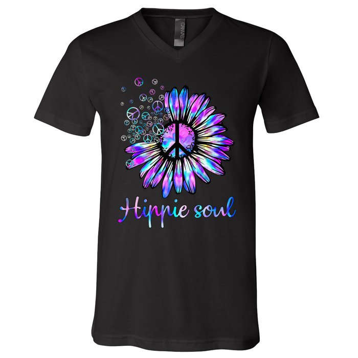 Hippie Soul Psychedelic Daisy Peace Sign V-Neck T-Shirt