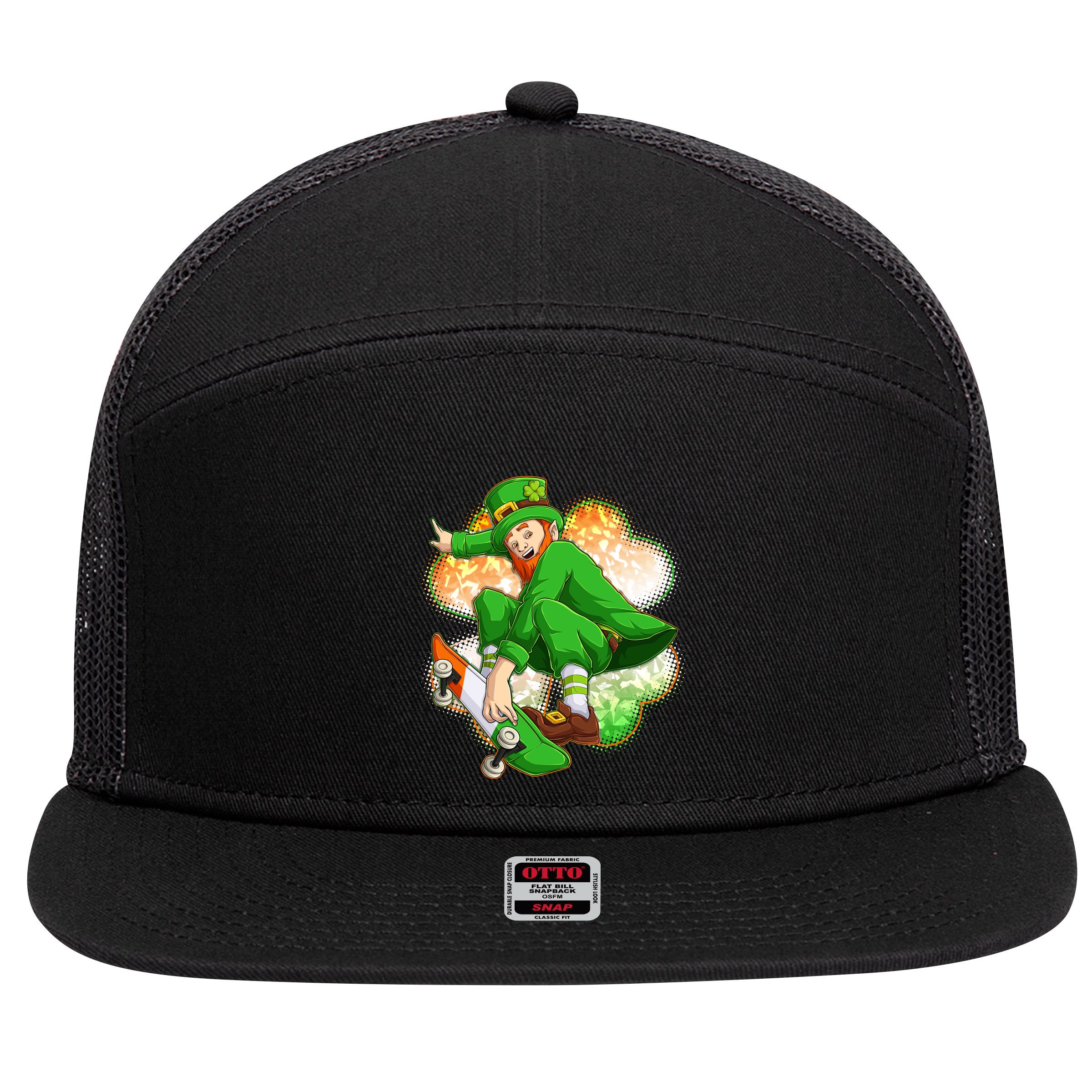 Happy St Patricks Day Skateboarding Leprechaun 7 Panel Mesh Trucker Snapback Hat